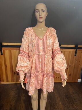 Marea  by Ash & Eden Peach Printed Button-Front Mini Dress with Balloon Sleeves